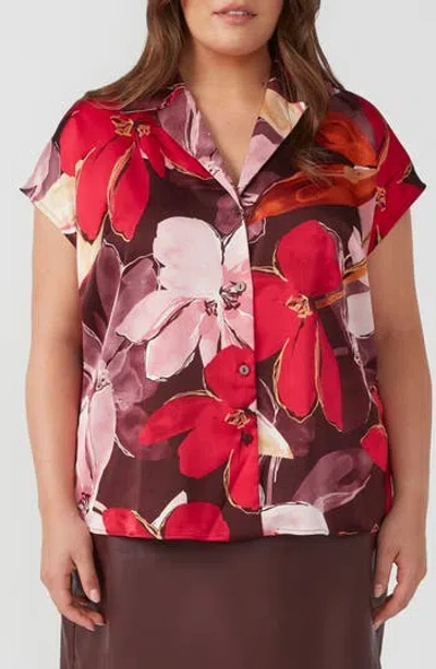 Estelle Scarlett Cap Sleeve Satin Button-up Shirt In Floral Print