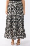 Estelle Sea Lily Belted Tiered Cotton Maxi Skirt In Black Print