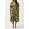 Estelle Wildleaf Print Puff Sleeve Midi Dress In Green Print