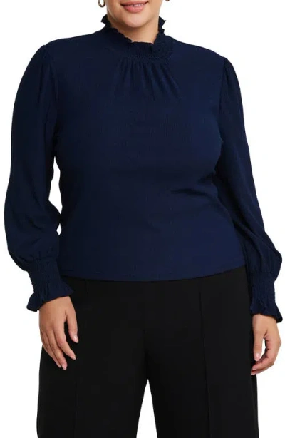 Estelle Zinnia Shirred Long Sleeve Top In Navy
