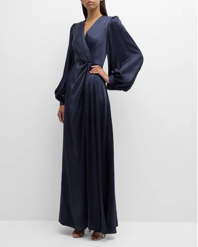 E.stott Eden Pleated Balloon-sleeve Silk Gown In Navy