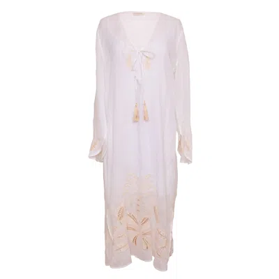 [et Cetera] Woman Women's Jet-setter Tabard Kaftan - Embroidered Ramie - White In Pink
