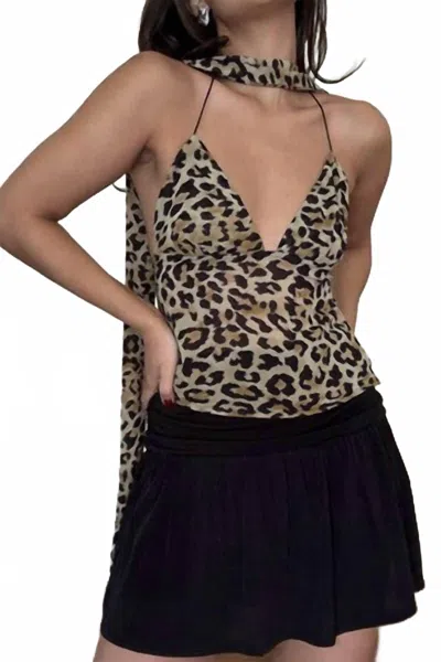 Et Clet Leopard Top With Neck Scarf In Beige In Black