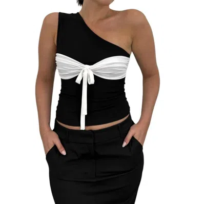 Et Clet One Shoulder Contrast Tie Chest Tank In Black And Ivory In Multi