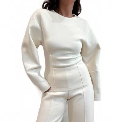 Et Clet Statement Sleeve Fitted Waist Cotton Knit Top In White