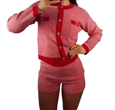 Et Clet Striped Cardigan & Shorts Set In Red