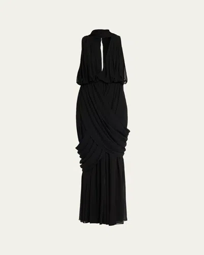 Et Ochs Arabella Plunging Draped Column Gown In Black