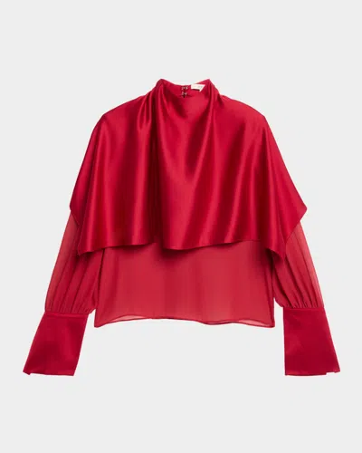 Et Ochs Aurelia Satin Capelet Long-sleeve Top In Red