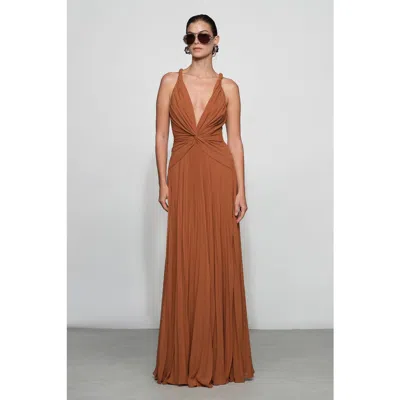 Et Ochs Haddon Pleated Deep V-neck Gown In Brown