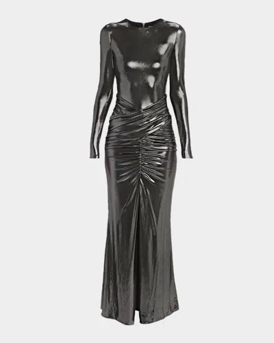 Et Ochs Stealla Metallic Ruched Long-sleeve Gown In Black