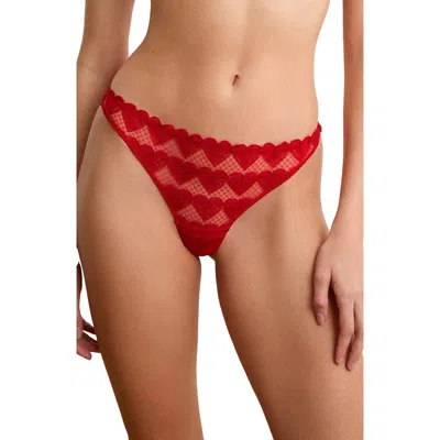 Etam Desir Heart Embroidered Tanga Thong In Red