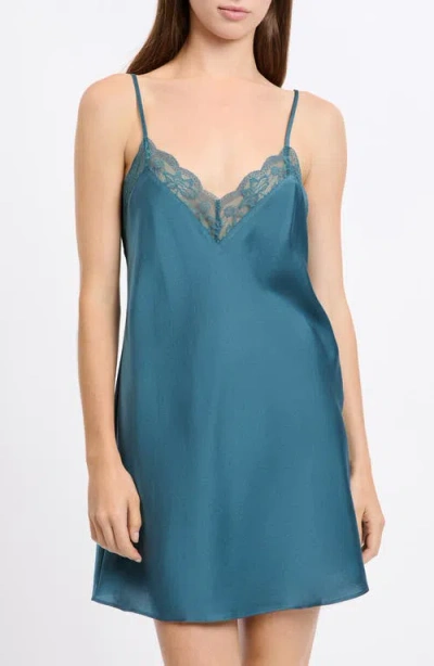 Etam Desire Lace Trim Satin Chemise In Petrol Blue