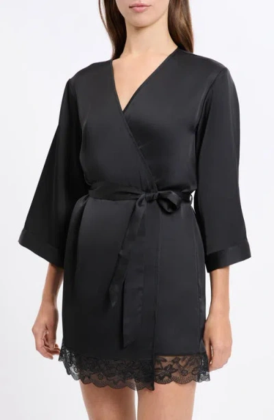 Etam Desire Lace Trim Satin Robe In Black