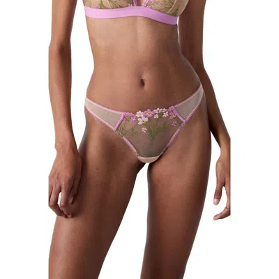 Etam Douceur Embroidered Tulle Thong In Pink