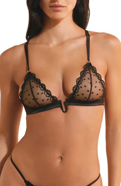 Etam Eloa Embroidered Triangle Bikini Top In Black