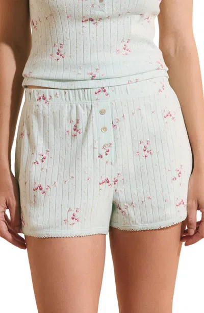Etam Katell Pointelle Cotton Pajama Shorts In Blue Green