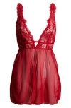 Etam La Chamade Lace & Mesh Chemise In Red