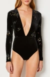 Etam Magique Beaded Sequin Plunging Long Sleeve Bodysuit In Black