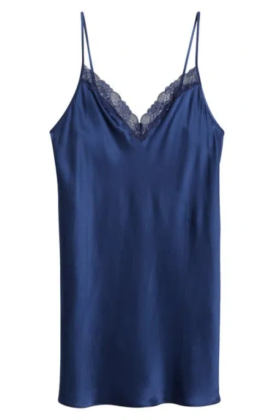 Etam Milky Lace Trim Silk Chemise In Night Blue