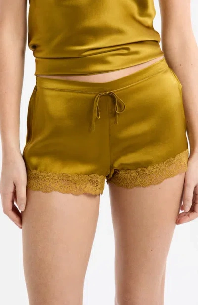Etam Milky Lace Trim Washable Silk Satin Pajama Shorts In Yellow