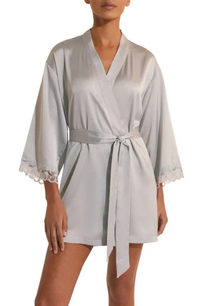 Etam Naeva Deshabille Lace Trim Satin Robe In Gray