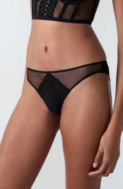 Etam Obession Embroidered Mesh Tanga In Black