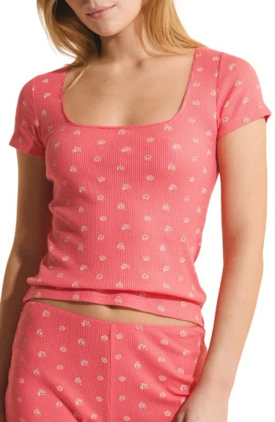 Etam Ondine Waffle Knit Short Sleeve Cotton Pajama Top In Burgundy
