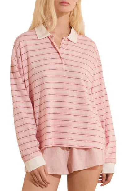 Etam Remi Stripe Cotton Polo Pajama Top In Pink