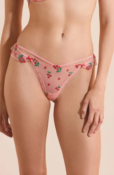 Etam Tomato Love Embroidered Ruffle String Thong In Pink