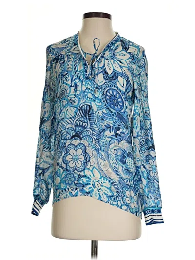 Pre-owned Etcetera Long Sleeve Silk Top Blue Paisley Pattern Tie Neck Tops