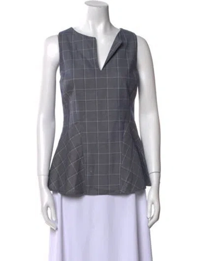 Pre-owned Etcetera Plaid Print V-neck Top In Gray