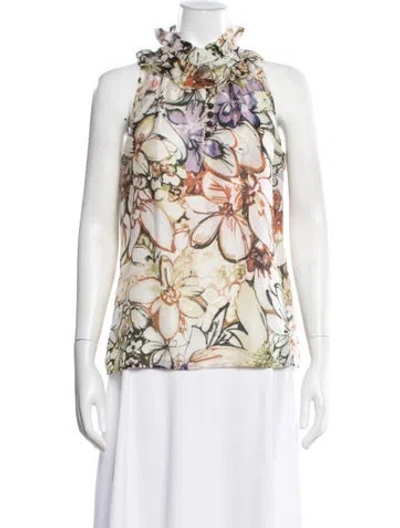 Pre-owned Etcetera Silk Floral Print Blouse In White