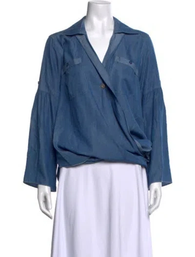 Pre-owned Etcetera V-neck Long Sleeve Blouse In Blue