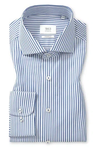 Eterna Modern Fit Pique Stripe Button Front Shirt In Blue