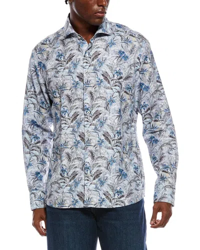 Eterna Soft Printed Twill Modern Fit Linen-blend Shirt In Blue