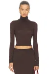 Éterne Cropped Fitted Turtleneck Soft Jersey Top In Brown