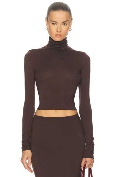 Éterne Cropped Fitted Turtleneck Soft Jersey Top In Brown