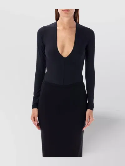 Éterne Eterne Long Sleeve Deep V Body Suit In Black