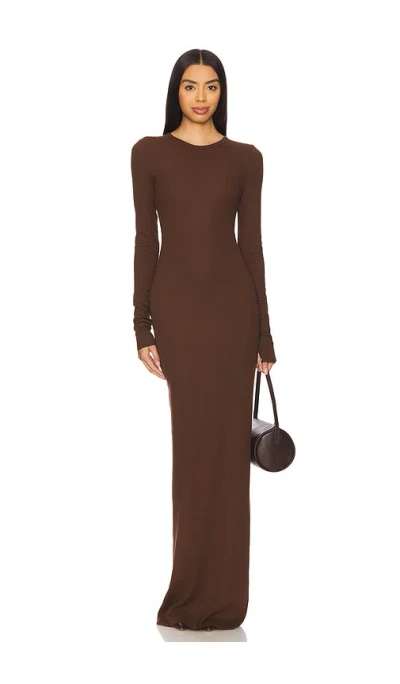 Éterne Long Sleeve Crewneck Maxi Dress In Brown