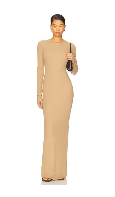 Éterne Long Sleeve Crewneck Maxi Dress In Brown