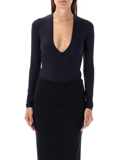 Éterne Eterne Long Sleeve Deep V Body Suit In Blue
