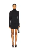 Éterne Long Sleeve Ruched Turtleneck Soft Jersey Mini Dress In Black