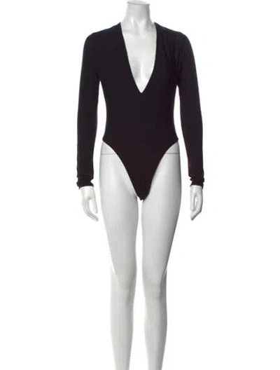 Pre-owned Éterne Plunge Neckline Long Sleeve Bodysuit In Black