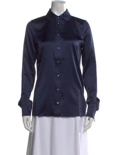 Pre-owned Éterne Silk Long Sleeve Button-up Top In Blue
