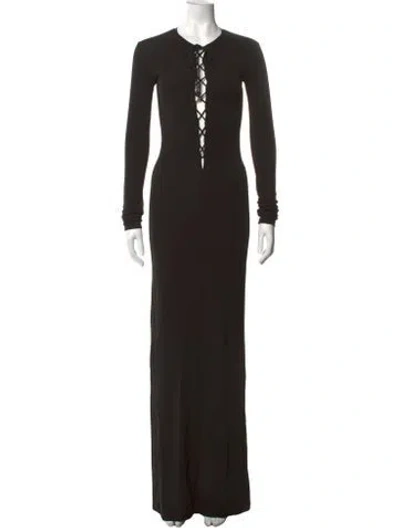 Pre-owned Éterne Tie Neck Long Dress In Black