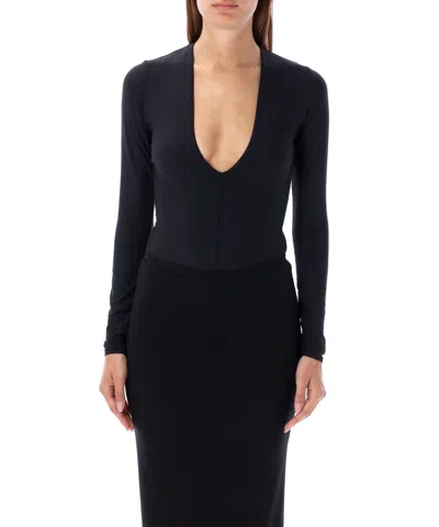 Éterne Eterne Long Sleeve Deep V Body Suit In Black