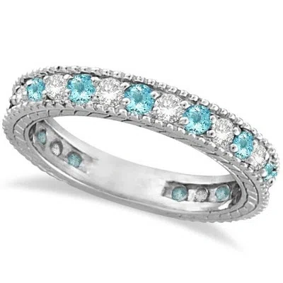 Pre-owned Eternity 1.08ct Diamond & Blue Aquamarine  Band Mother's Ring 14k White Gold