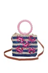 Ethnique Shelly Embroidered Raffia Cross-body Wristlet Bag In Blue/pink In Multi