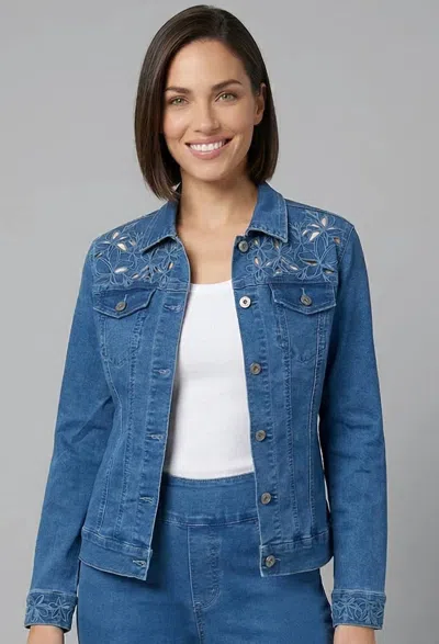 Ethyl Laser Cut Floral Denim Jacket In Traditional Blue