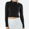 Etica Belle Crop Mock Neck Rib Pullover In Black